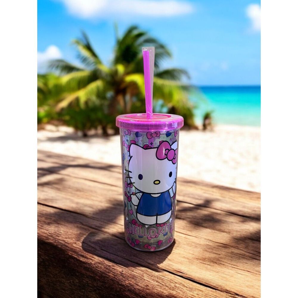 Hello Kitty Cup Tumbler Pink & Blue‎ Bows Hearts Pink Straw NEW Blue outfit
